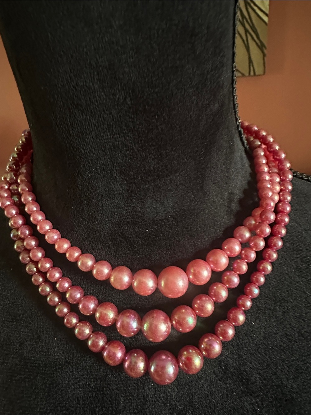 Vintage Three-Strand Pink Pearl Necklace